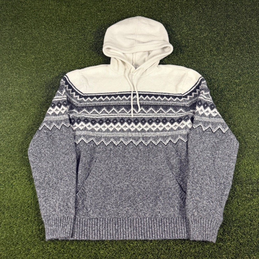 Old Navy Mens Fair Isle Hoodie Sweater Grey White Knit Pullover Medium